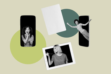 Image poster trend collage of happy business partners remote communication peek phone tablet development career paper sheet
