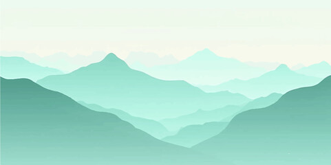 Dreamy Mountain View in Light Green Haze and Subtle Fog Layers with Minimalist Style