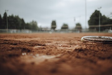 Tennis court, clay surface, cloudy day.  A yellow tennis ball rests near a racket on a dusty, wet clay court.  Blurred trees and distant structures in background