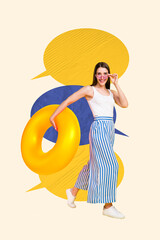Vertical image art pop collage of happy girl hold inflatable lifebuoy stand bubble communication...