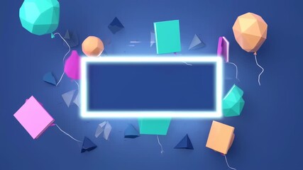 Abstract geometric shapes floating around neon frame on blue background animation - Powered by Adobe