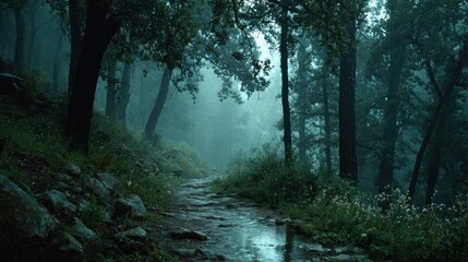 Fototapeta premium A dark forest path shrouded in mist, where mystery lingers in the soft light.