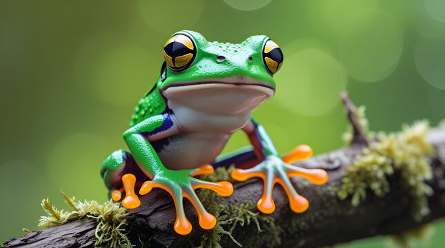 Cheerful macro photograph of a vibrant green tree frog on a mossy branch