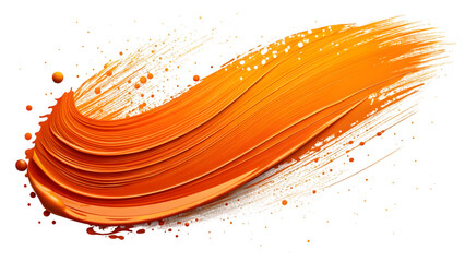 Vibrant orange paint brush stroke with golden splatters and droplets isolated on transparent background