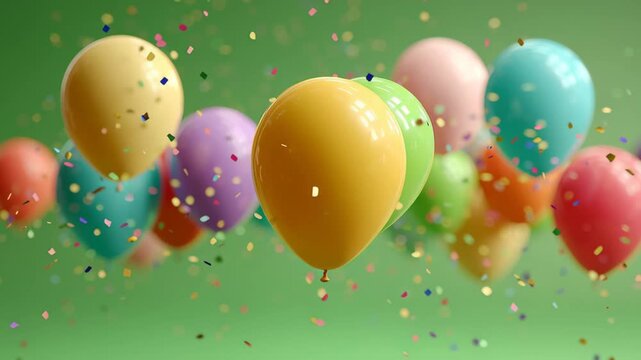 Colorful balloons floating in the air with confetti against a vibrant green background, creating a festive atmosphere perfect for celebrations, parties, and joyful occasions, evoking happiness and exc