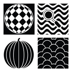 Four black and white graphic icons including a globe a magnifying glass over waves and a