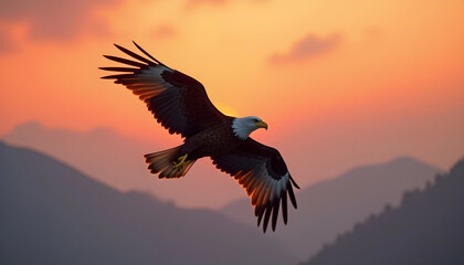 Obraz premium Graceful Eagle in Flight – Sunrise Over Misty Mountain