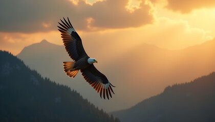 Obraz premium Graceful Eagle in Flight – Sunrise Over Misty Mountain