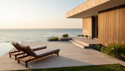 Fototapeta premium Relaxing oceanfront lounge area modern architecture outdoor space serene environment wide angle leisure concept