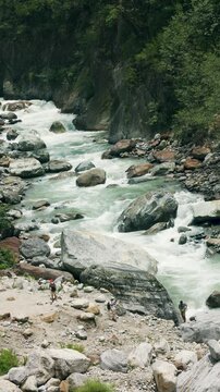 A mountain river flows through the forest, its rapid stream formed by the melting of a glacier. The water rushes among the rocks near Madmaheshwar Temple, Panch Kedar, Uttarakhand, India. slow motion.