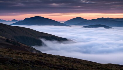 Mystical sunrise over foggy mountains nature landscape scenic viewpoint tranquil environment outdoor adventure