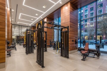 Modern fitness center with large windows