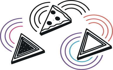 "Dynamic Pizza & Triangle Symbols with Colorful Sound Ripples – Food Icon Set"