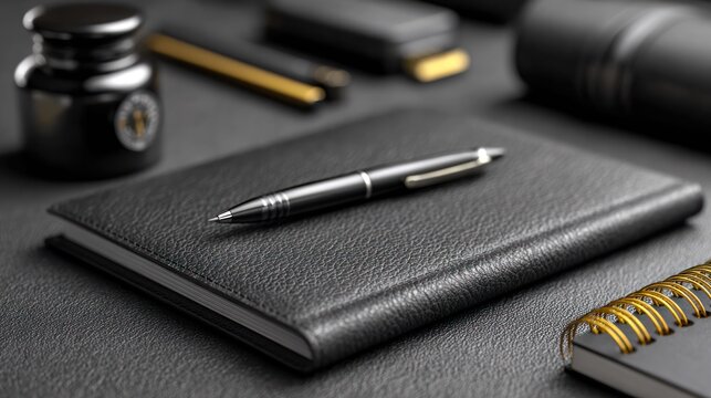 Minimalist leather desk setup with sleek stationery, symbolizing professional focus and refined workspace aesthetics