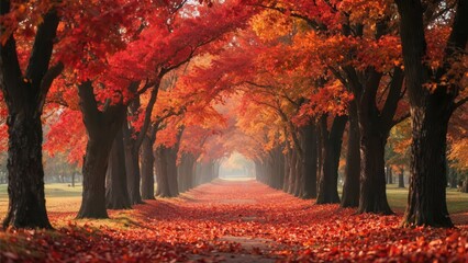Scenic autumn pathway with vibrant red and orange foliage forming a colorful tunnel of trees.