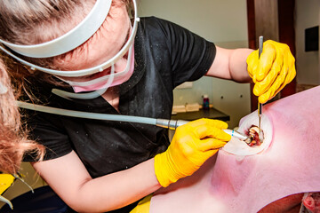 Dentistry. Professional dentist does hardware teeth cleaning with Air Flow for a patient....
