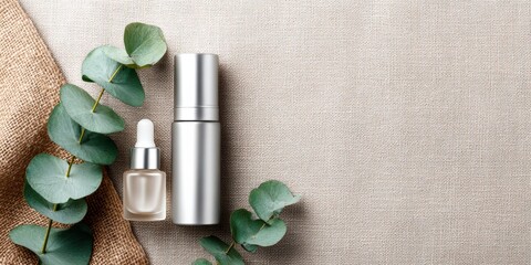 Cosmetic bottles with eucalyptus flowers towels and linen on pastel background top view flat lay natural organic skincare and spa concept perfect for beauty product branding body care wellness design