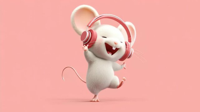 Cute cartoon mouse character wearing oversized pink headphones, joyfully dancing against a soft pastel pink background, showcasing a playful and cheerful atmosphere in a whimsical illustration style