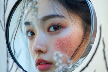 Sensitive skin with cosmetology, Asian young woman looking at a red spot on her face from a cosmetic allergy in the mirror, considering skincare solutions, Generative AI