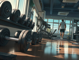 Man sports in Gym With Dumbbells Weightlifting and Cardio Fitness Exercise and Bright Indoor Lighting