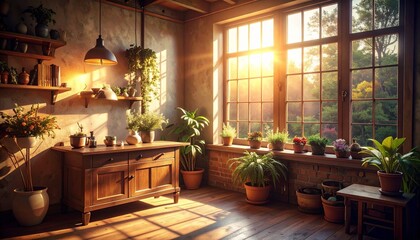 Sunlit room with wooden furniture and potted plants, light streaming through a large window overlooking a lush green garden.