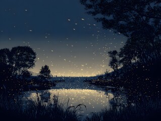 Nocturnal Embrace: A tranquil pond reflects the twinkling stars and luminous fireflies dancing gracefully through the night sky, creating an ethereal atmosphere in this stunning nature scene.