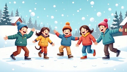 Fototapeta premium Group of Happy Teenagers Playing in the Snow – Throwing Snowballs and Laughing in Colorful Winter Clothes, Cheerful and Energetic Snowy Landscape Scene, High-Resolution Winter Illustration