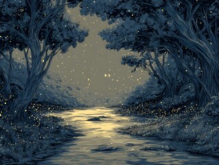 Enchanted River in Dreamy Forest: A serene river winds through a magical forest at dusk, with the ethereal glow of fireflies illuminating the scene, creating a whimsical and captivating ambiance. 