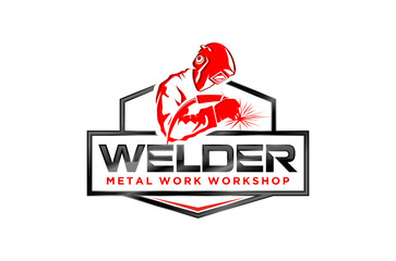 Professional logo design for a metal work workshop.  Features a welder at work. Vector illustration.