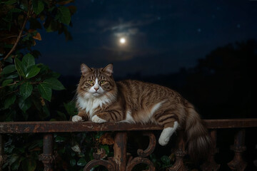 Detailed portrait of a relaxed brown and white cat resting outdoors at night. The soft moonlight illuminates its fur and the surrounding dark, starry sky.