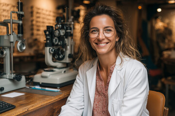 Female optometrist smiling in her optometry office