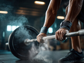 Hand of a man on a barbell in a Gym with Chalk Dust, Fitness and Weightlifting