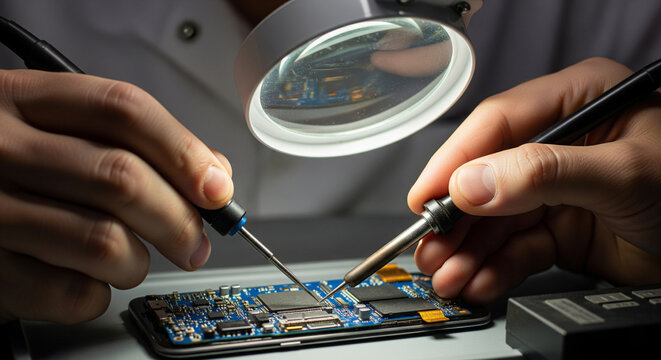 Illustration of technician meticulously solders circuit board with magnifying lamp overhead, showcasing precision electronics repair