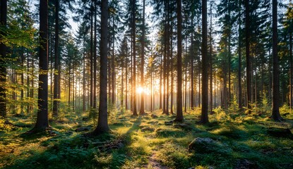 Obraz premium Sunlit Forest Canopy Majestic Nature's Tranquil Embrace