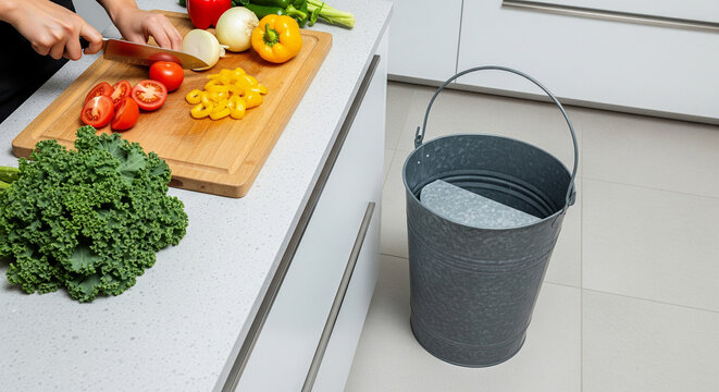 Illustration of fresh vegetables like kale, tomatoes, and bell peppers are being chopped on wooden board in modern kitchen, with metal bucket nearby