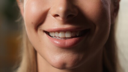 Cropped macro view close up unrecognizable Caucasian woman smiling toothy white healthy teeth dental oral medicine excited reaction girl female lips balm lipstick mouth smile half face indoor at home