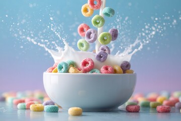 white ceramic bowl with rainbow cereal loops and milk