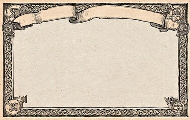 The parchment paper backdrop features an easily editable rectangular medieval map frame that incorporates various elements including knots, knights, vikings, and a scroll banner