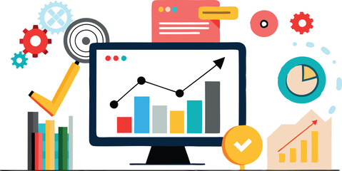 A comprehensive collection of colorful illustrations depicting concepts related to Search Engine Optimization (SEO), including analytics, keywords, ranking, and web traffic