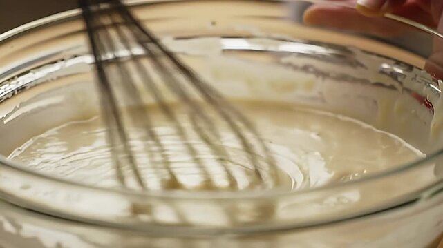 Close Up View Of Hand Stirring Creamy White Liquid With A Whisk Inside Transparent Glass Bowl Over Wooden Surface