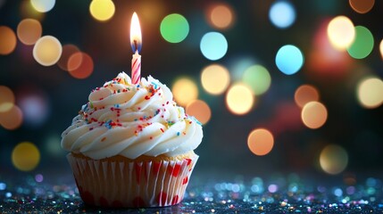 Festive birthday cupcake with lit candle and colorful frosting against warm bokeh lights background, celebration concept




