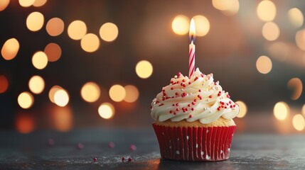 Festive birthday cupcake with lit candle and colorful frosting against warm bokeh lights background, celebration concept




