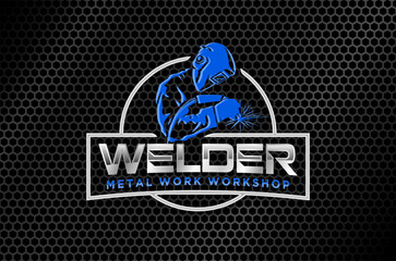Professional logo design for a metal work workshop.  Features a welder at work. Vector illustration.