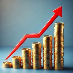 A red upward trending arrow graph on a stack of gold bars
