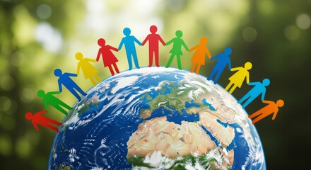 People of different colors hold hands around the world, symbolizing international friendship