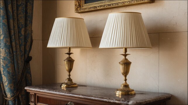 Elegant twin lamps with pleated shades evoke a vintage atmosphere in an interior