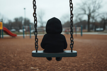 Hooded figure on a swing. A sense of isolation and introspection is conveyed, with a somber mood.