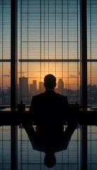 Businessman silhouette looking at city skyline at sunset office leadership success vision