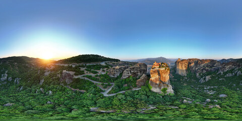 360 seamless panorama view of meteora with Holy Trinity Monastery at sunrise in equirectangular...