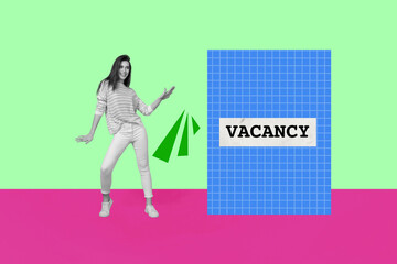Sketch image sketch 3d collage poster of happy employee girl guy stand vacancy hiring search employment business human resources cv